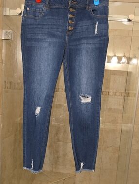 Women's Dark Blue High-Rise Skinny Jeans with Button-Fly
